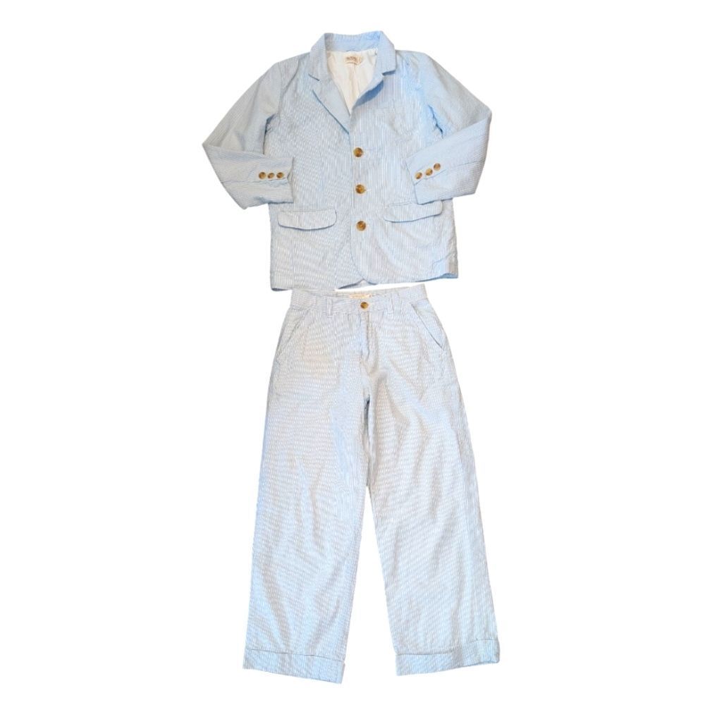 Boys Y2K Children's Place Blue White Seersucker Suit 7/8 Jacket Dress Pants